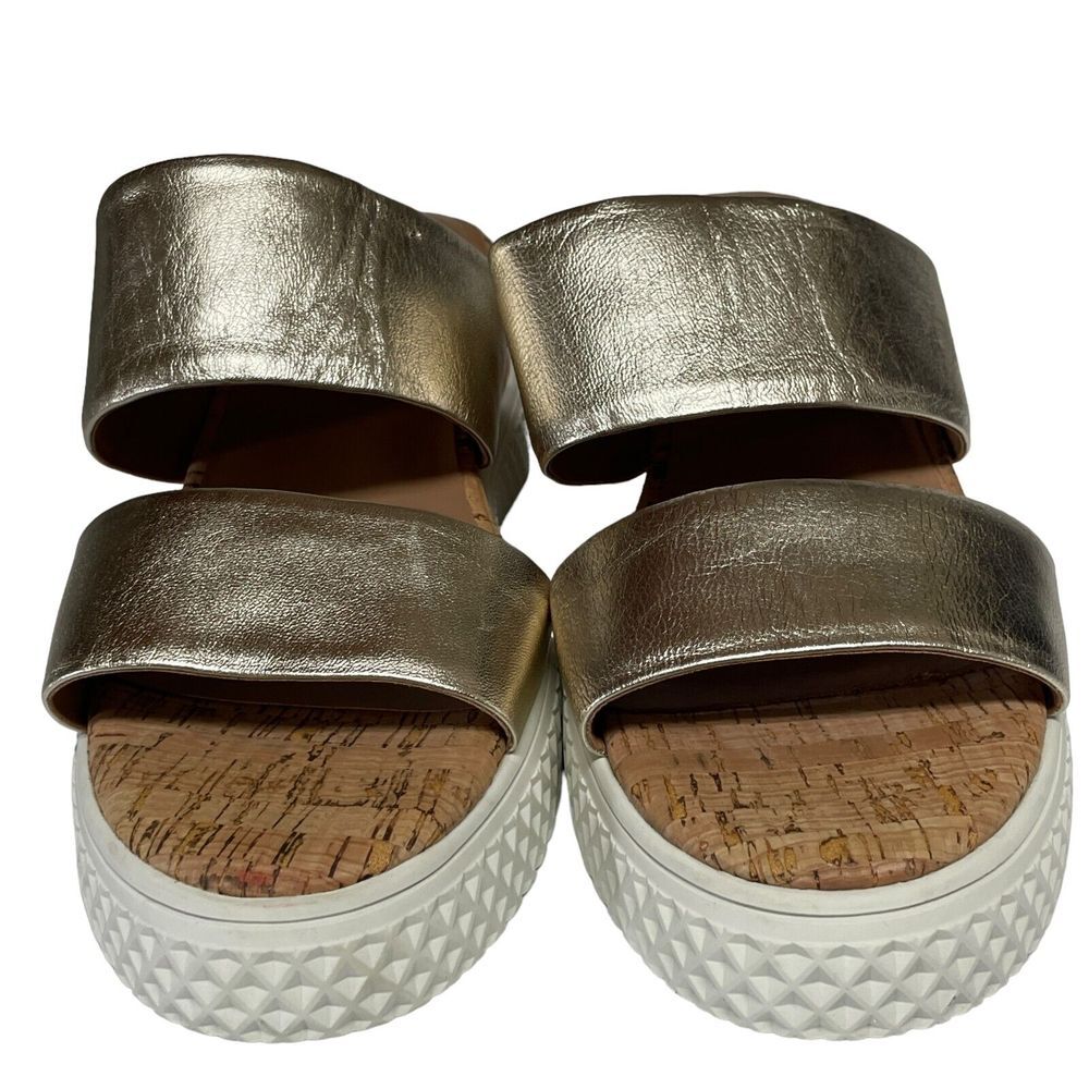 Aerosoles Zeff Womens Gold‎ Strappy Chunky Slides Leather Wedge Cork Size 10M - Picture 2 of 15